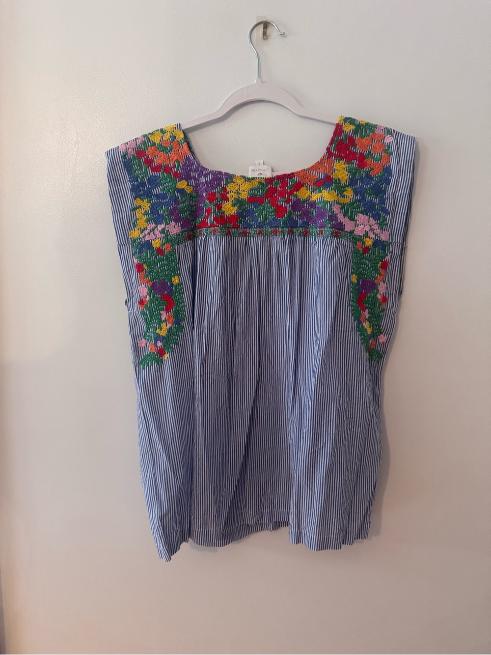 J.Marie Blue Striped Floral Mexican Embroidered Sleeveless Top - Picture 9 of 10